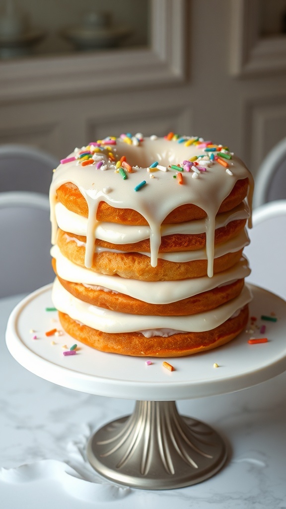 A 6-layer donut cake with a glossy glaze and colorful sprinkles, displayed on a cake stand.